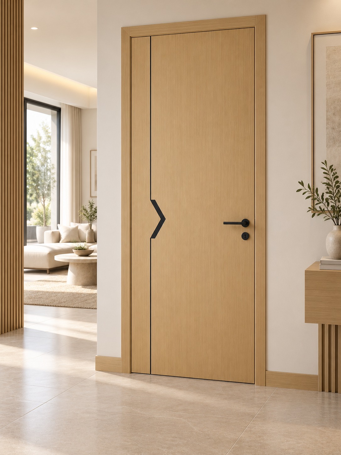 Oak door installed in a bright interior