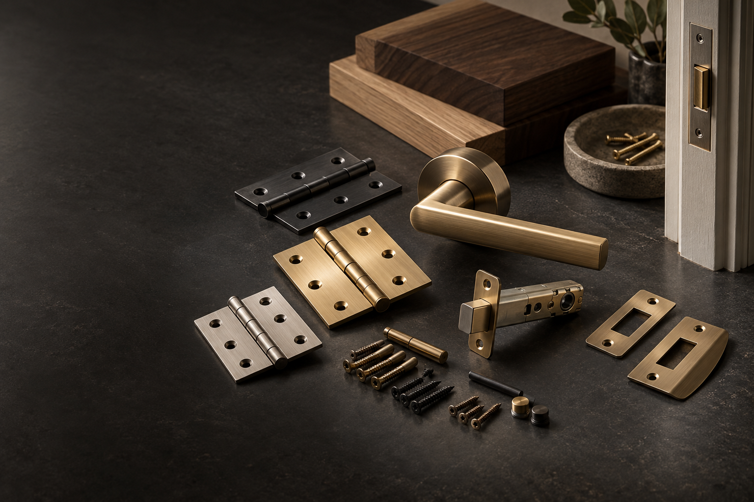 Houseman locks, hinges and door hardware arranged in a studio