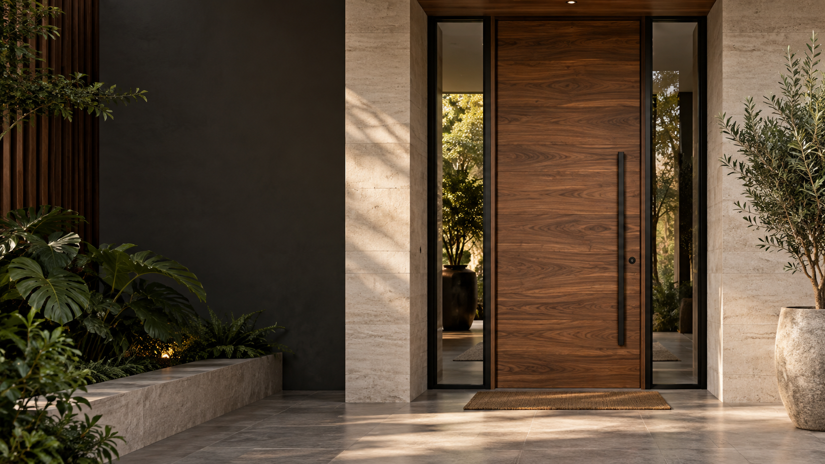 Warm walnut Houseman door in a considered interior